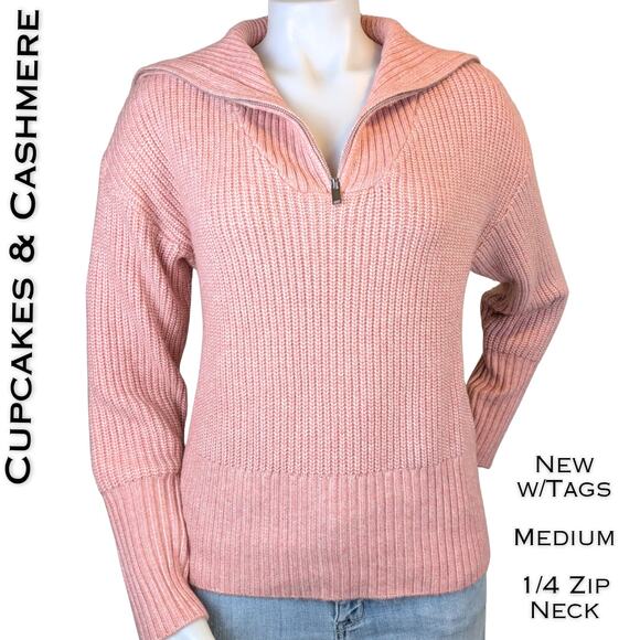 NEW Cupcakes And Cashmere Sweater Medium Pink Half Zip Ribbed Knit Collared - Picture 1 of 10